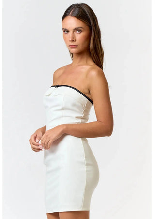 bow contrast detail, bow dress, bow mini dress, mini tube dress, black and white mini tube dress, bridal dress, engagement party dress, rehearsal dinner dress