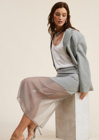 sheer midi skirt, sheer mini skirt, mini skirt, mid length outfit, grey skirt, grey sheer skirt, blazer outfit, skirt set, skirt outfit, outfit of the day