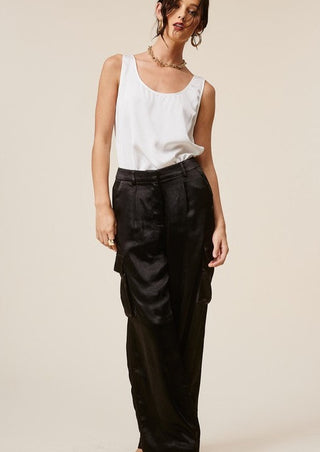Satin cargo pants, satin pants, mid-rise pants, black pants, pleated pants, pleated trouser pant