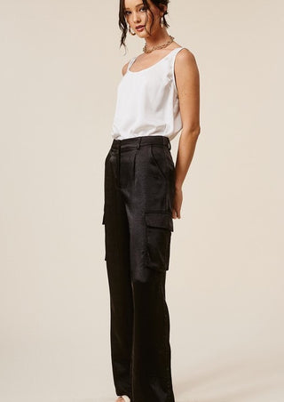 Satin cargo pants, satin pants, mid-rise pants, black pants, pleated pants, pleated trouser pant