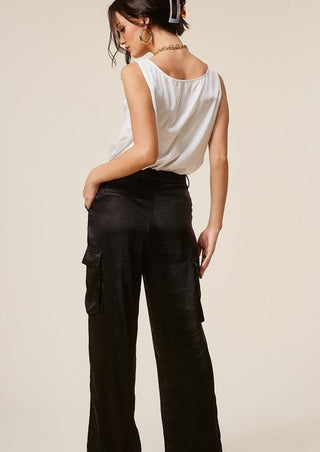 Satin cargo pants, satin pants, mid-rise pants, black pants, pleated pants, pleated trouser pant