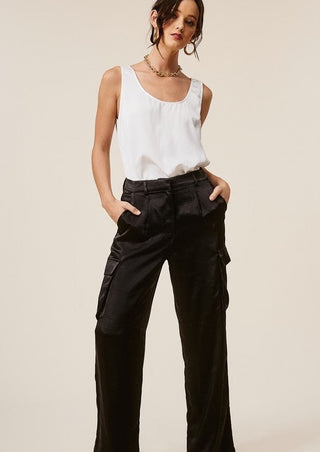 Satin cargo pants, satin pants, mid-rise pants, black pants, pleated pants, pleated trouser pant