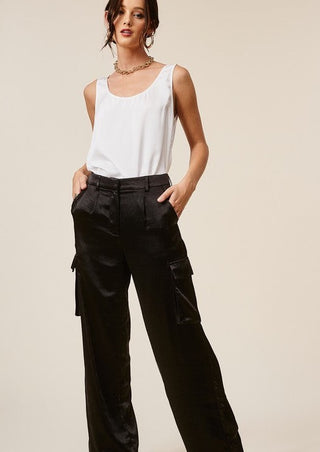 Satin cargo pants, satin pants, mid-rise pants, black pants, pleated pants, pleated trouser pant