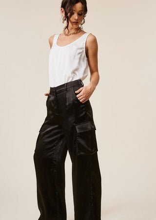 Satin cargo pants, satin pants, mid-rise pants, black pants, pleated pants, pleated trouser pant