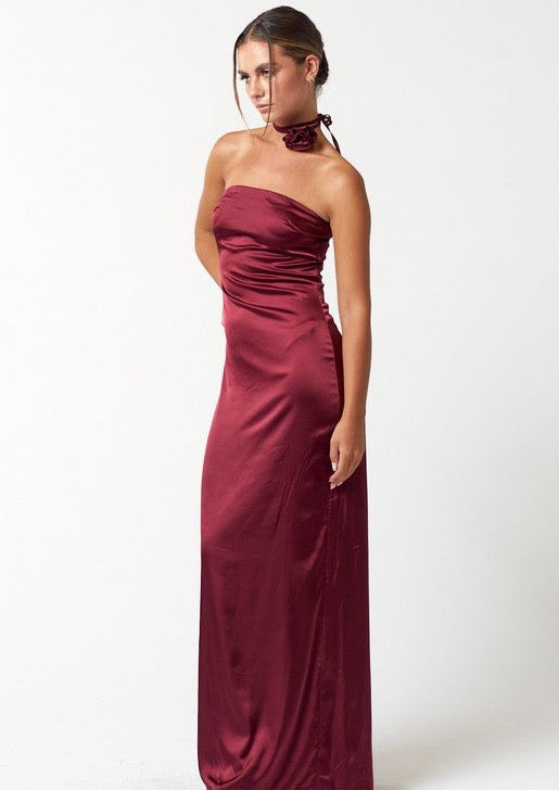 satin tube maxi dress, strapless dress, strapless maxi dress, red dress, wine dress, dress with rosette tie, holiday dress, holiday outfit, 