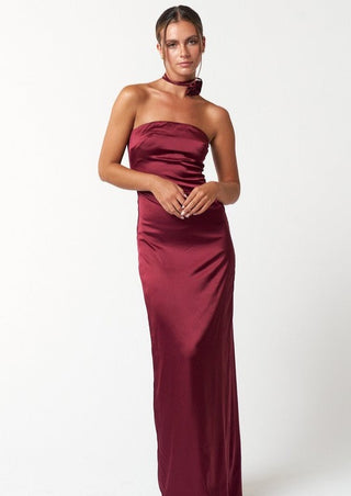 satin tube maxi dress, strapless dress, strapless maxi dress, red dress, wine dress, dress with rosette tie, holiday dress, holiday outfit, 