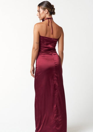satin tube maxi dress, strapless dress, strapless maxi dress, red dress, wine dress, dress with rosette tie, holiday dress, holiday outfit, 