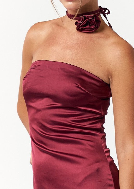 satin tube maxi dress, strapless dress, strapless maxi dress, red dress, wine dress, dress with rosette tie, holiday dress, holiday outfit, 