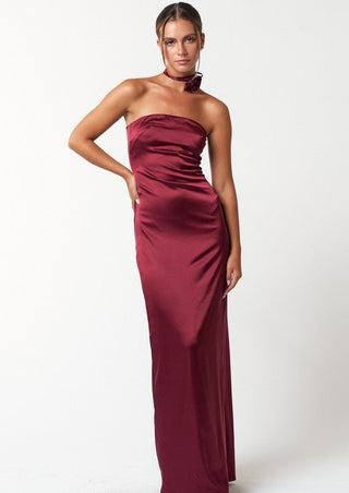 satin tube maxi dress, strapless dress, strapless maxi dress, red dress, wine dress, dress with rosette tie, holiday dress, holiday outfit, 