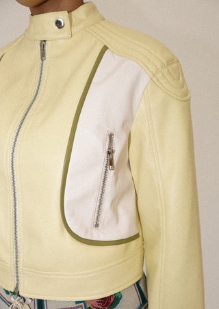 moto jacket, jacket, pastel yellow jacket, yellow jacket, spring jacket, leather jacket, leather Moto jacket, spring outfit