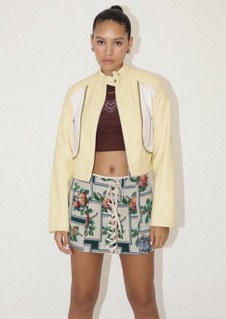 moto jacket, jacket, pastel yellow jacket, yellow jacket, spring jacket, leather jacket, leather Moto jacket, spring outfit