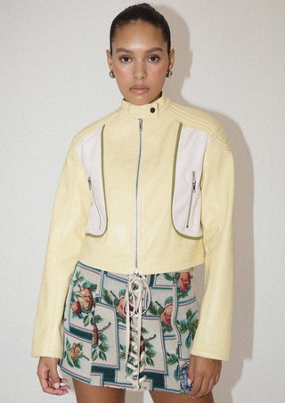 moto jacket, jacket, pastel yellow jacket, yellow jacket, spring jacket, leather jacket, leather Moto jacket, spring outfit