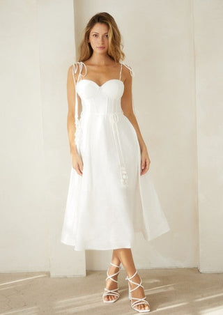 white midi dress, white sundress, sundress, bridal dress, summer bridal dress, summer dress, bride outfit, bridal outfit, bride outfit inspo