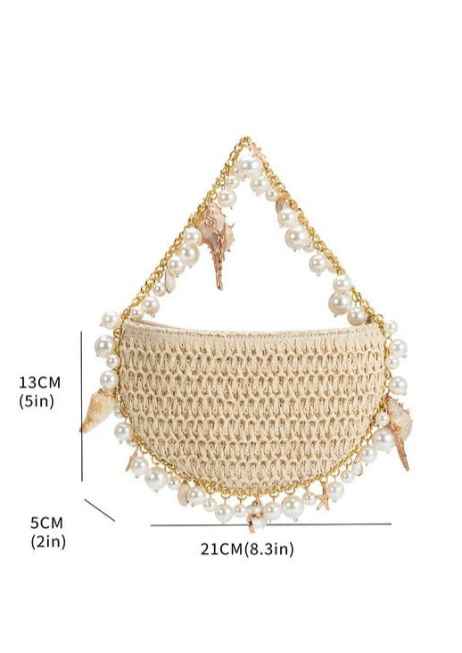raffia shoulder bag, raffia purse, pearl purse, shell purse, summer purse, beach bag, beach purse