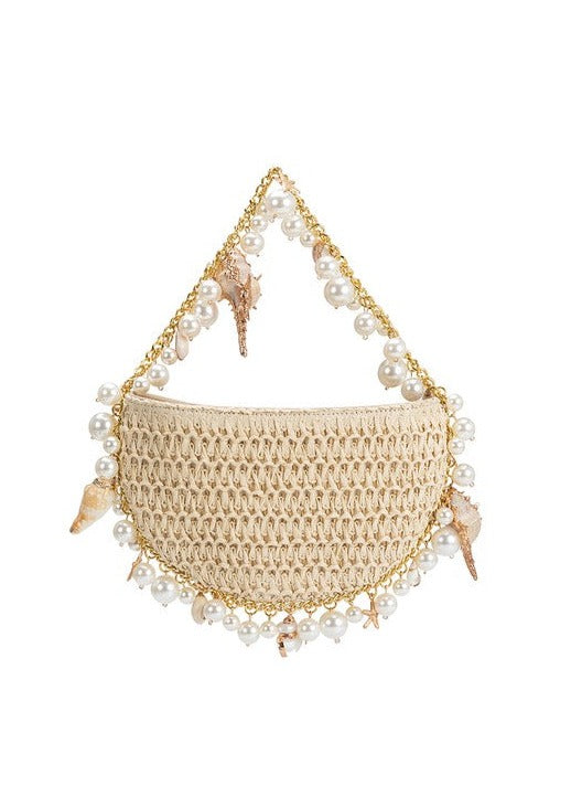 raffia shoulder bag, raffia purse, pearl purse, shell purse, summer purse, beach bag, beach purse