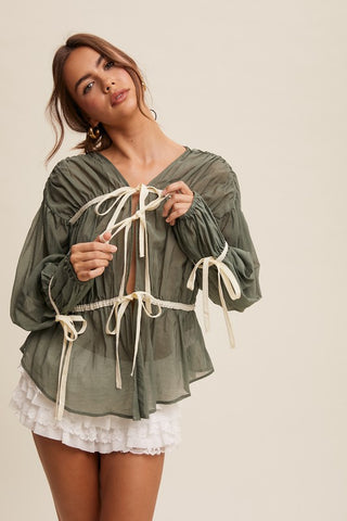 Florence Bow Tie Contrast Long Sleeve Blouse Top