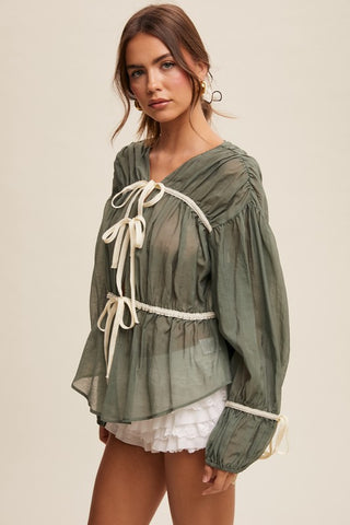 Florence Bow Tie Contrast Long Sleeve Blouse Top