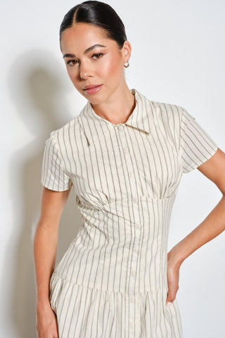 striped mini dress, button-up dress, collared shirt dress, lined bodice, casual elegance, short sleeve dress, breathable cotton, versatile style, everyday chic, women's fashion