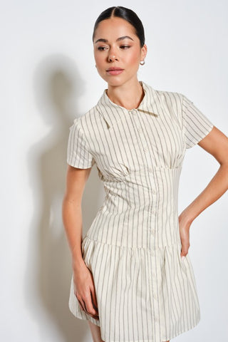 striped mini dress, button-up dress, collared shirt dress, lined bodice, casual elegance, short sleeve dress, breathable cotton, versatile style, everyday chic, women's fashion