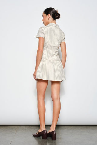striped mini dress, button-up dress, collared shirt dress, lined bodice, casual elegance, short sleeve dress, breathable cotton, versatile style, everyday chic, women's fashion