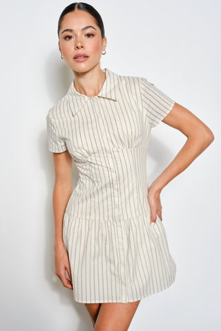 striped mini dress, button-up dress, collared shirt dress, lined bodice, casual elegance, short sleeve dress, breathable cotton, versatile style, everyday chic, women's fashion