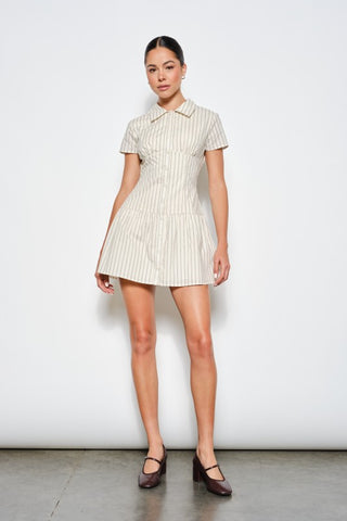striped mini dress, button-up dress, collared shirt dress, lined bodice, casual elegance, short sleeve dress, breathable cotton, versatile style, everyday chic, women's fashion