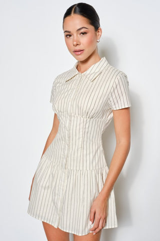 striped mini dress, button-up dress, collared shirt dress, lined bodice, casual elegance, short sleeve dress, breathable cotton, versatile style, everyday chic, women's fashion