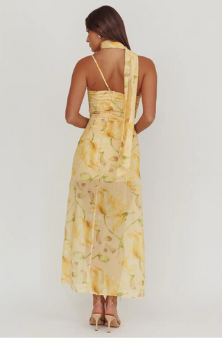 yellow maxi dress, wedding guest dress, yellow floral dress