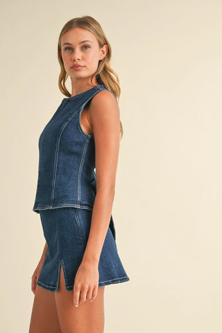 Lou Denim Open Back Top with Bow Detail and Mini Skirt Set
