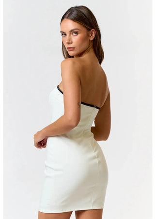 bow contrast detail, bow dress, bow mini dress, mini tube dress, black and white mini tube dress, bridal dress, engagement party dress, rehearsal dinner dress