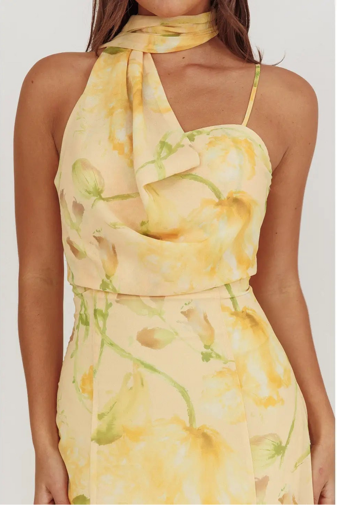 lemon dress, maxi dress, wedding guest dress
