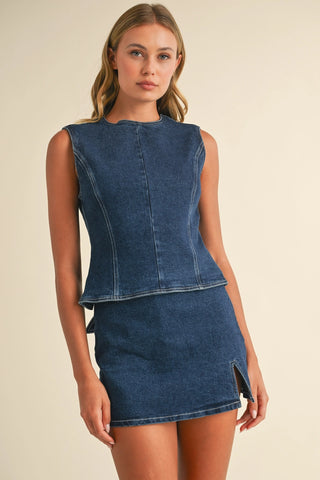 Lou Denim Open Back Top with Bow Detail and Mini Skirt Set