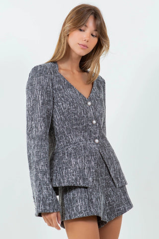 Evelyn Diamond Shape Neckline Tweed Blazer and Asymmetrical Tweed Shorts Set