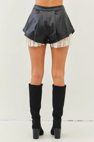 Leah Pleated Leather Lace Shorts