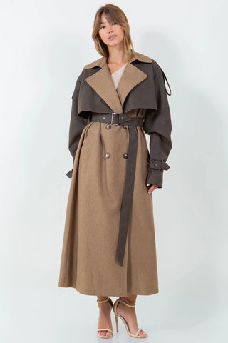 Vivienne Leather Contrasted Long Trench Coat