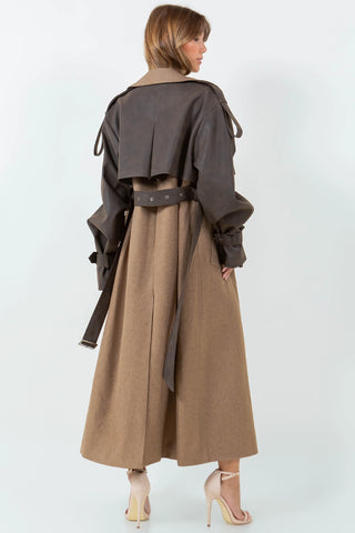 Vivienne Leather Contrasted Long Trench Coat