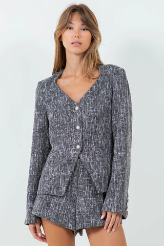 Evelyn Diamond Shape Neckline Tweed Blazer and Asymmetrical Tweed Shorts Set
