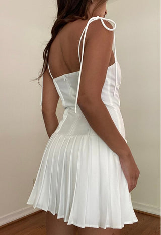 pleated mini dress, white pleated mini dress, pleated dress with straps, summer outfits, white dress, white mini dress, bridal occasion dress