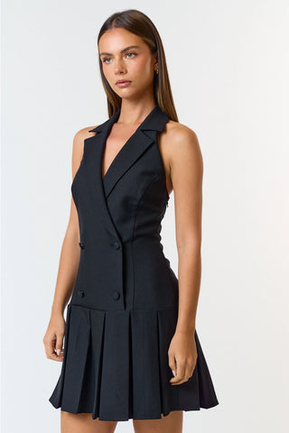 Bridget Collared Halter Pleated Mini Dress