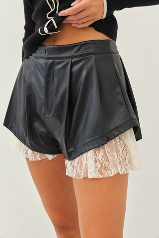 Leah Pleated Leather Lace Shorts