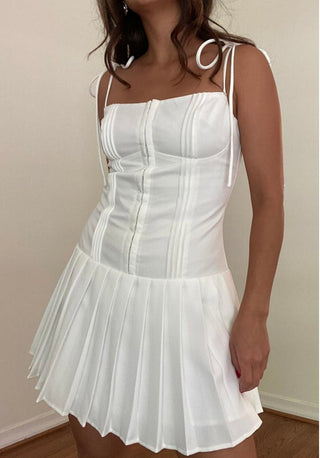 pleated mini dress, white pleated mini dress, pleated dress with straps, summer outfits, white dress, white mini dress, bridal occasion dress