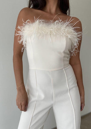white feather jumpsuit, twill jumpsuit, feather jumpsuit, bridal outfit, bridal shower outfit, winter outfit, holiday outfit