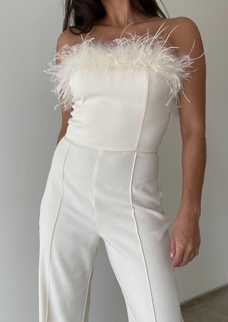 white feather jumpsuit, twill jumpsuit, feather jumpsuit, bridal outfit, bridal shower outfit, winter outfit, holiday outfit