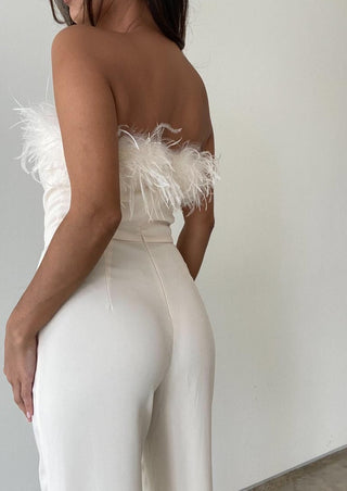 white feather jumpsuit, twill jumpsuit, feather jumpsuit, bridal outfit, bridal shower outfit, winter outfit, holiday outfit