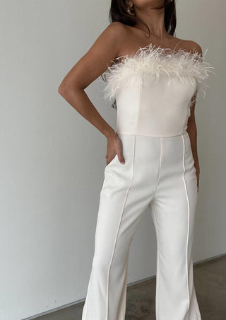 white feather jumpsuit, twill jumpsuit, feather jumpsuit, bridal outfit, bridal shower outfit, winter outfit, holiday outfit