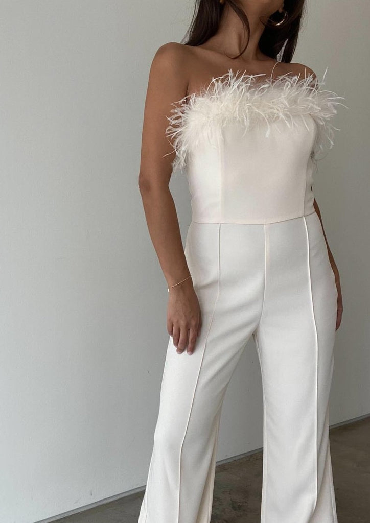 white feather jumpsuit, twill jumpsuit, feather jumpsuit, bridal outfit, bridal shower outfit, winter outfit, holiday outfit