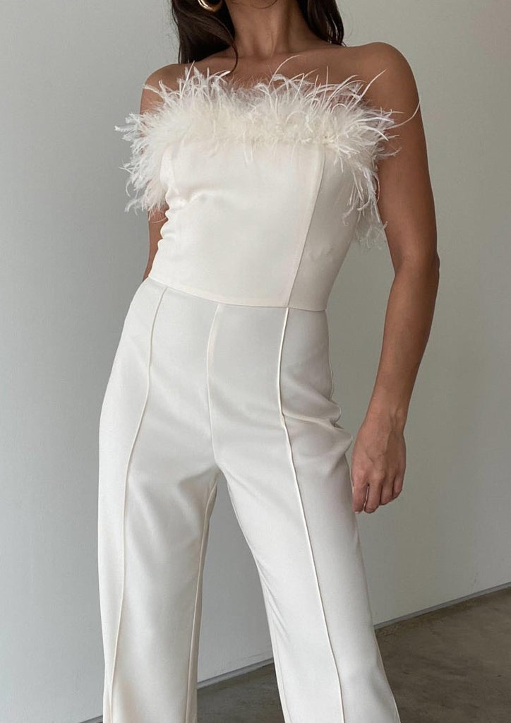white feather jumpsuit, twill jumpsuit, feather jumpsuit, bridal outfit, bridal shower outfit, winter outfit, holiday outfit