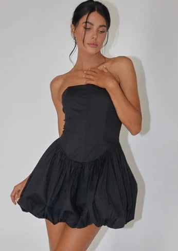strapless mini black dress, strapless dress, mini black dress, bubble hem dress, bubble hem black dress, little black dress