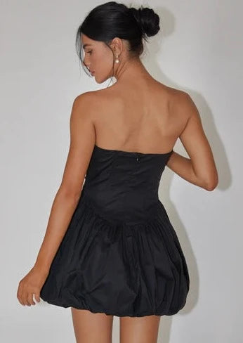 strapless mini black dress, strapless dress, mini black dress, bubble hem dress, bubble hem black dress, little black dress