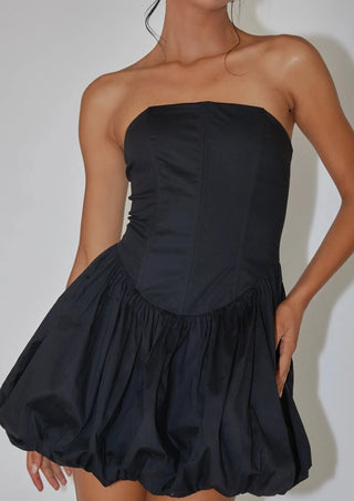 strapless mini black dress, strapless dress, mini black dress, bubble hem dress, bubble hem black dress, little black dress